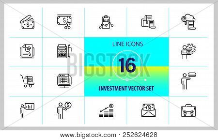 Investment Icons. Set Of  Line Icons. Report, Accounting, Insurance. Finance Concept. Vector Illustr