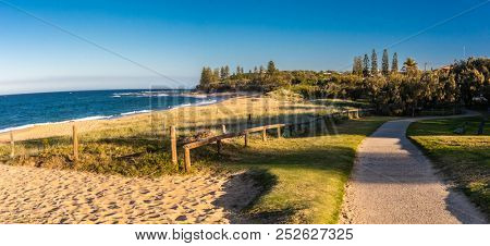 Sunset panoramic view of Shelly Beach at Caloundra, Sunshine Coast, Queensland, Australia