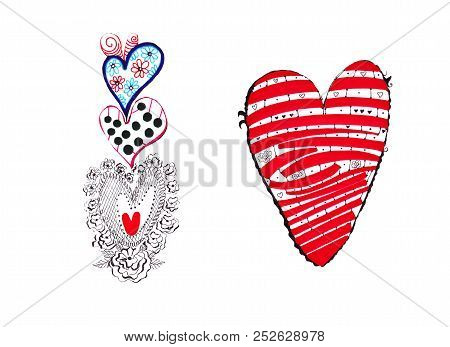 Hand Sketch Drawing Of Hearts With Decoration Inside Different Shapes And Sizes