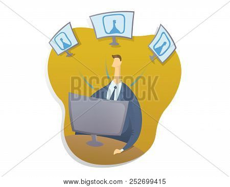 The Person Sitting At The Computer And Works With Human Profiles. Personnel Worker Or Personal Data 