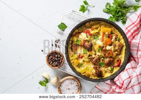 Frittata With Meat And Vegetables Top View.