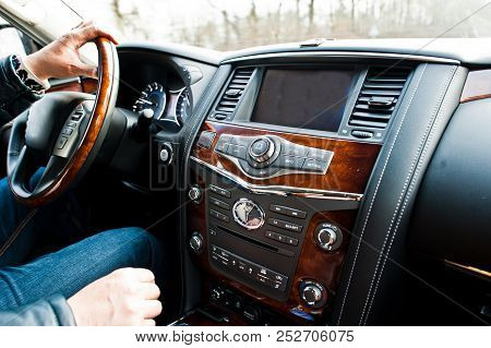 Hai, Ukraine - July 24, 2018: Interior Of Dark Blue Infinti Qx 80.