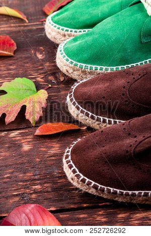 Brown And Green Man Suede Boots Espadrilles On Wooden