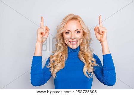Portrait Of Stylish, Pretty, Trendy,charming, Nice, Sexy, Cute, Blonde Woman With Curls In Blue Roll