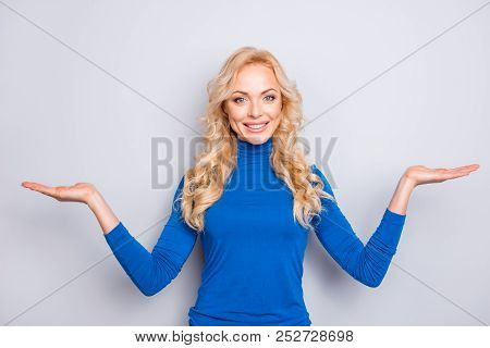 Portrait With Copy Space Of Pretty, Trendy, Charming, Nice, Sexy, Cute, Blonde Woman In Blue Roll Ne