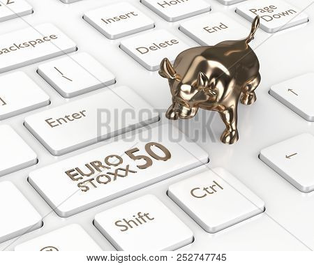 3d Render Closeup Of Computer Keyboard With Euro Stoxx 50 Index Button. Stock Market Indexes Concept