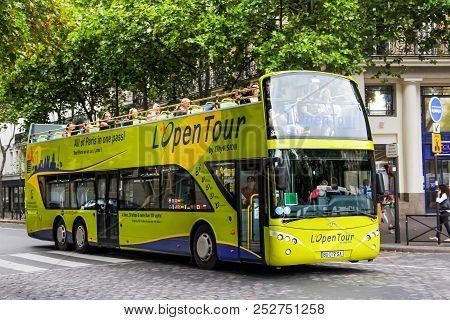 Paris, France - August 8, 2014: City Sightseeing Doubledecker Bus Ayats Bravo I City In The City Str