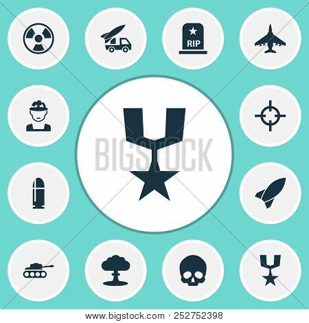 Combat Icons Set With Fighter, Nuclear Explosion, Skull And Other Ordnance Elements. Isolated Vector