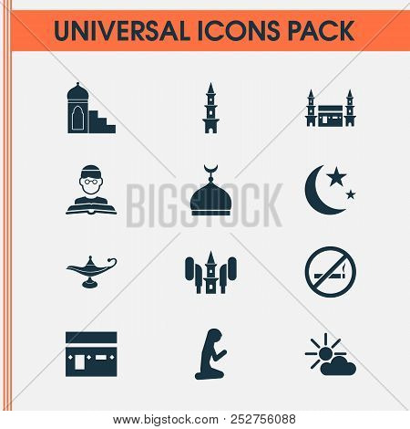 Religion Icons Set With Oil, Kaaba, Imam And Other Hejaz Elements. Isolated  Illustration Religion I
