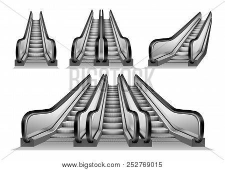 Escalator Elevator Stairs Lift Mockup Set. Realistic Illustration Of 4 Escalator Elevator Stairs Lif