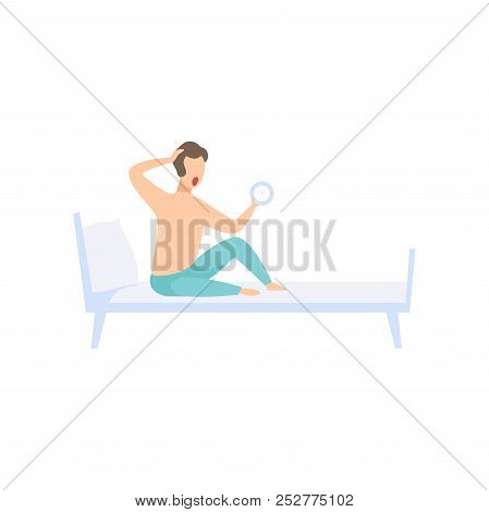 Man Sitting On The Bed With An Alarm Clock In His Hand, Businessman Character Is Late For Work Vecto