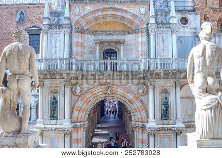 Venice, Italy - September 30, 2017:  Ducal Palace, The Entrance Seen From  The Dei Giganti Stairway