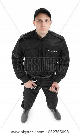 Male Security Guard With Police Baton On White Background