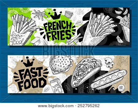 Fast Food Colorful Modern Banners Set Labels. Fast Food. French Fries. Donuts. Hot Dog, Hamburger, C