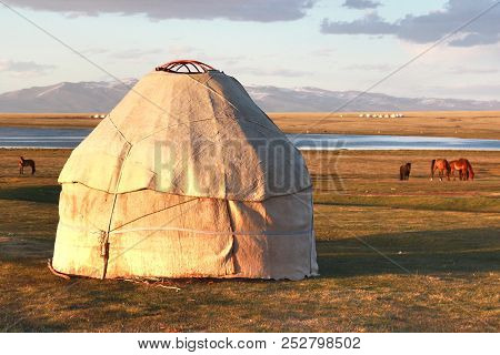 The Ger Camp In A Large Meadow At Song Kul Lake ,  Naryn Of Kyrgyzstan