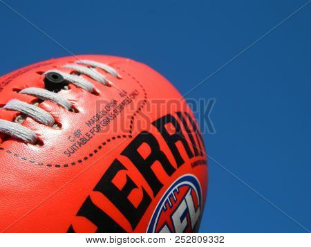 Australian Rules Football, Gold Coast Australia, 8/8/2018, Close Up Of An Australian Rules Football 