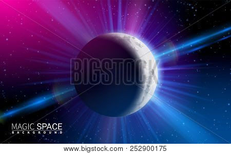 Abstract Space Moon Planet Shining Sun. Effect Realistic Design Elements. Vector Illustration Modern
