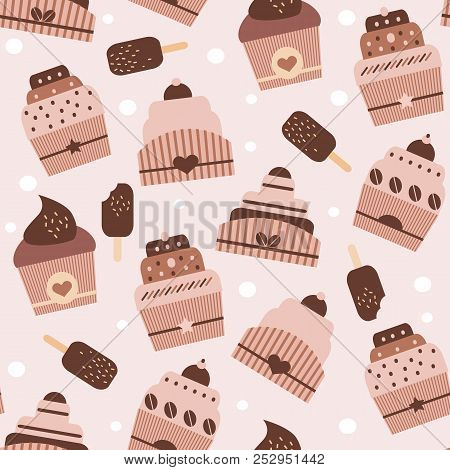 Seamless Pattern With Sweet Cupcakes, Pies And Tortes, Chocolate Ice Cream And Fruit Muffins, Desser