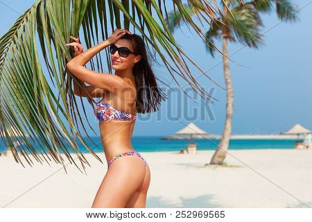 Sexy Beautiful Tanned Woman Relaxing And Sunbathing In Bikini On Sea Background And Palm. Panoramic 
