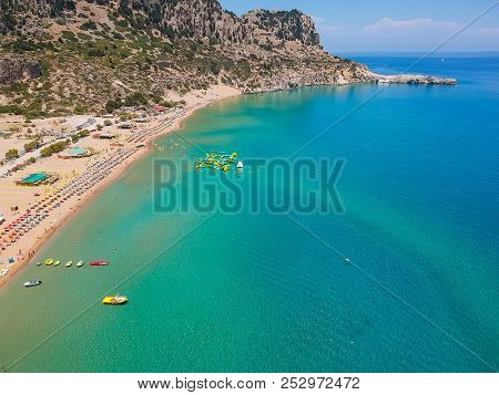Aerial Birds Eye View Drone Photo Tsambika Beach Near Kolympia On Rhodes Island, Dodecanese, Greece.