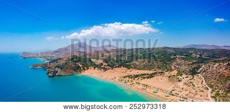 Aerial Birds Eye View Drone Photo Tsambika Beach Near Kolympia On Rhodes Island, Dodecanese, Greece.