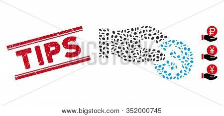 Rubber Red Stamp Seal With Tips Caption Inside Double Parallel Lines, And Mosaic Coin Donation Icon.