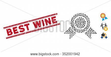 Distressed Red Stamp Seal With Best Wine Phrase Between Double Parallel Lines, And Mosaic Honour Med