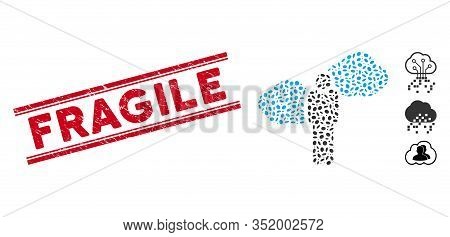 Corroded Red Stamp Seal With Fragile Caption Inside Double Parallel Lines, And Collage Cloud Startup