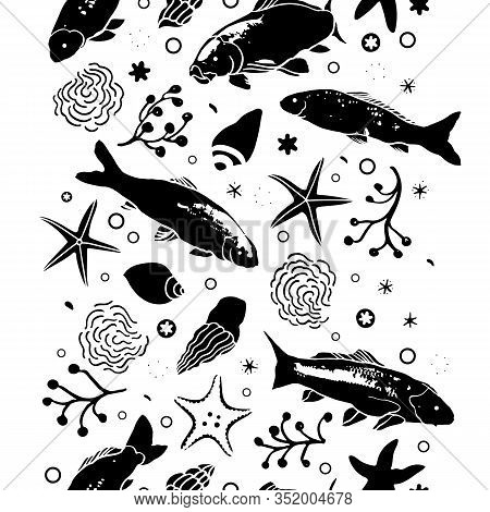 Sealife Linocut Style Black And White Verctical Border With Fish, Starfish, Seaweed And Wave. Summer
