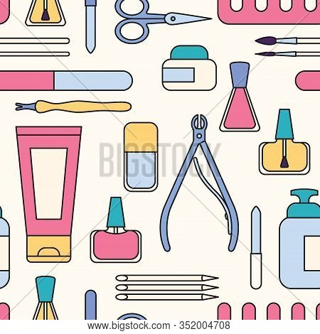 Manicure Tools And Accessories. A Set Of Elements On The Topic Of Nail Manicure. Seamless Pattern. V
