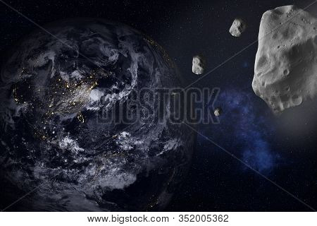 Asteroid Attack The Earth Planet At Night. Outer Space Journy. Science Fiction. Elements Of The Imag