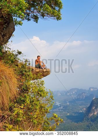 Khao Ngon Nak Nature Trail Krabi Thailand Or Dragon Crest, Man Climbed To A Viewpoint On The Top Of 
