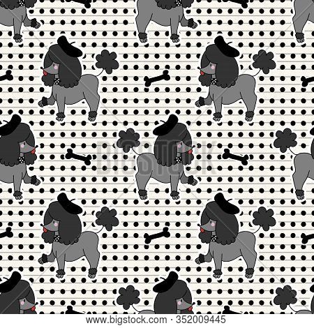 Cute Kawaii Black Poodle Puppy Dog With Bone Seamless Vector Pattern. Japanese Style Cartoon Smiling
