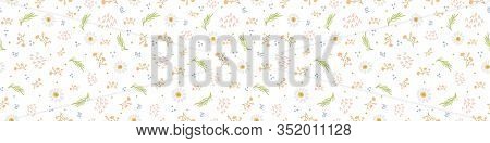 Stemmed Daisy Wildflower Motif Banner Background. Naive Margerite Flower Seamless Border Pattern. De