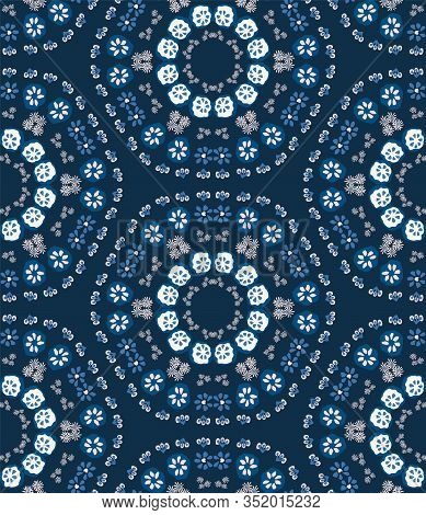 Classic Blue Daisy Floral Dotty Medallion Background. Liberty Style Millefleur Flower Seamless Patte