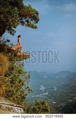 Khao Ngon Nak Nature Trail Krabi Thailand Or Dragon Crest, Woman Climbed To A Viewpoint On The Top O