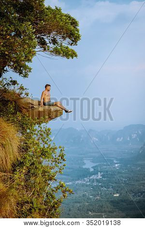 Khao Ngon Nak Nature Trail Krabi Thailand Or Dragon Crest, Man Climbed To A Viewpoint On The Top Of 