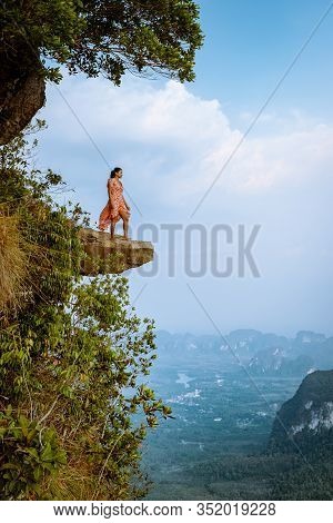 Khao Ngon Nak Nature Trail Krabi Thailand Or Dragon Crest, Woman Climbed To A Viewpoint On The Top O