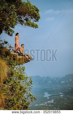 Khao Ngon Nak Nature Trail Krabi Thailand Or Dragon Crest, Couple Men And Woman Climbed To A Viewpoi