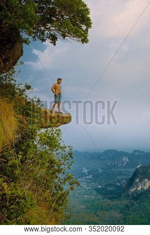 Khao Ngon Nak Nature Trail Krabi Thailand Or Dragon Crest, Man Climbed To A Viewpoint On The Top Of 