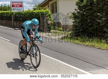 Bourgoin-jallieu, France - 07, May, 2017: The Kazakh Cyclist Bakhtiyar Kozhatayev Of Astana Team Rid