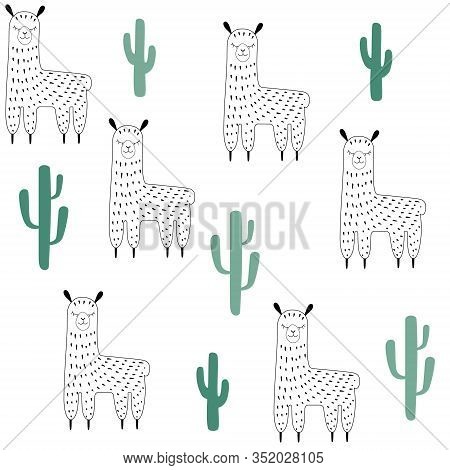 Outline Llamas And Green Cacti Seamless Pattern. Scandinavian Style Simple Cute Hand-drawn Succulent