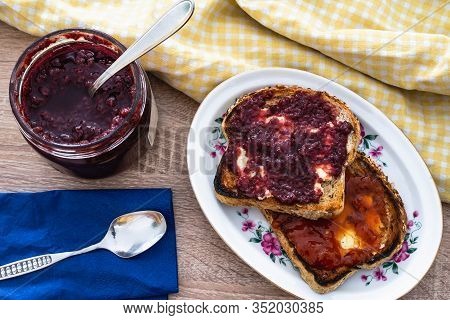 Close Up Of Toast With Marmalade Food On Table. Healthy Food. Healthy Breakfast Food. Nutritious Foo