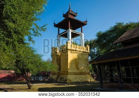 The Clock Tower, or Bahozin inside Mandalay royal Palace compound, Myanmar. Traditional burmese architecture