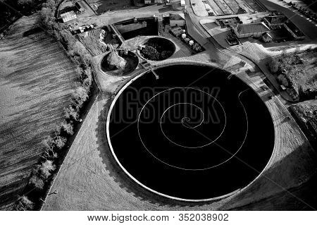 Sewage Water Works Treatment Plant Aerial View From Above Showing Waste Quality Round Circular Contr
