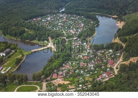 Beautiful Summer Panoramic Landscape. Birds-eye View Of Cottage Village