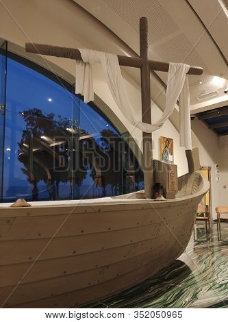 Migdal Haemek, Israel, January 26, 2020: The Altar In The Church In Magdala On The Galilee Lake (tib