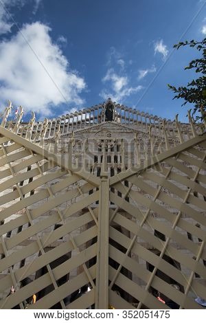 Main West Facade Of The Basilica Of The Annunciation To The Virgin Mary In Nazareth In Israel Visibl