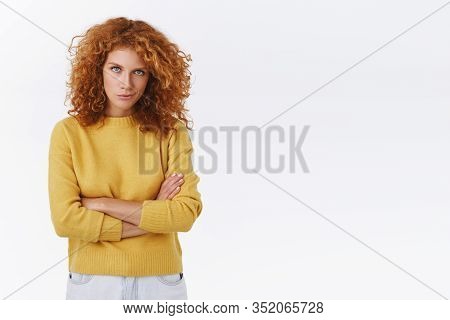 Hideous Curly Redhead Woman Have Evil Sly Plan, Smirk And Look From Under Forehead, Frowning, Cross 