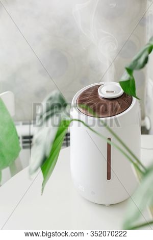 White Air Humidifier Spreading Steam On Houseplant. Humidification Of Dry Air. Selective Focus On Sp
